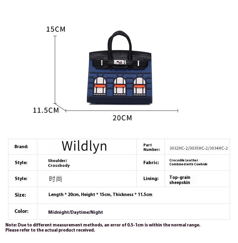 2025 New Color Block House Shape Kelly Bag Crocodile Leather Shoulder Crossbody