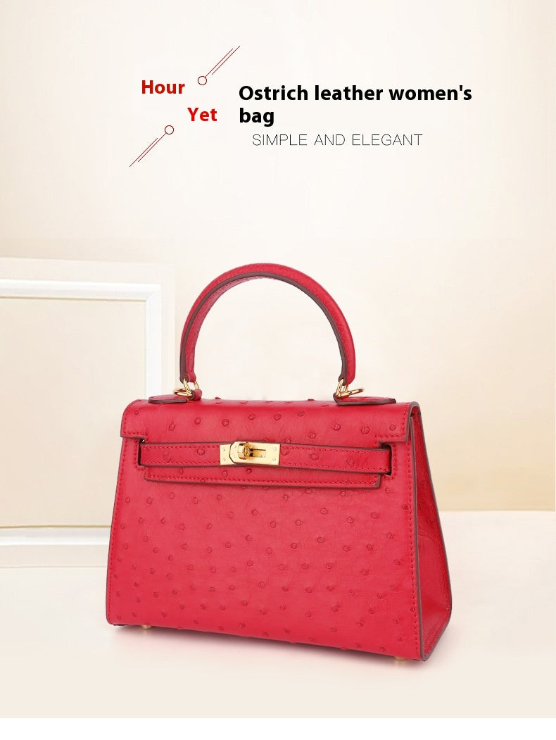 Ostrich Leather Kelly Bag 2025 New Summer Style Hand Stitched Wax Thread Small Purse Casual