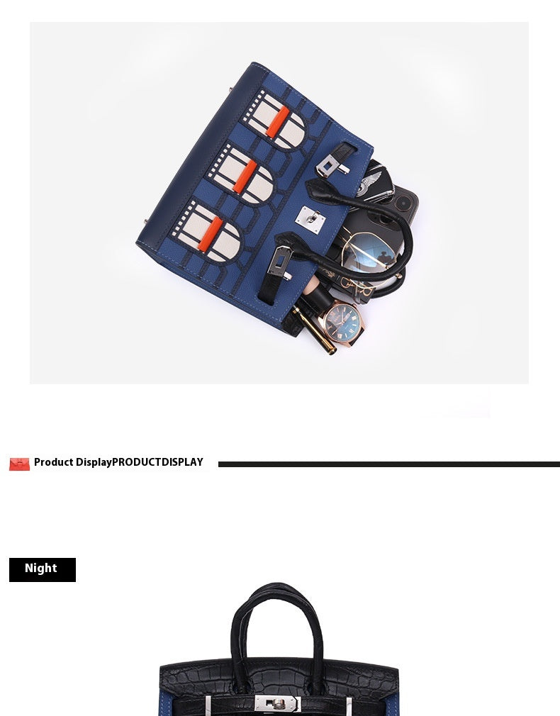 2025 New Color Block House Shape Kelly Bag Crocodile Leather Shoulder Crossbody