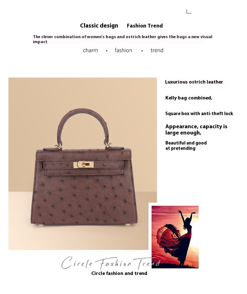 Ostrich Leather Kelly Bag 2025 New Summer Style Hand Stitched Wax Thread Small Purse Casual