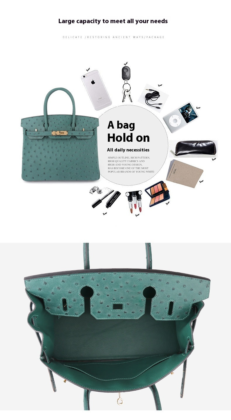 2025 New A Grade Ostrich Leather Platinum Handbag Stitched Wax Thread Women Bag