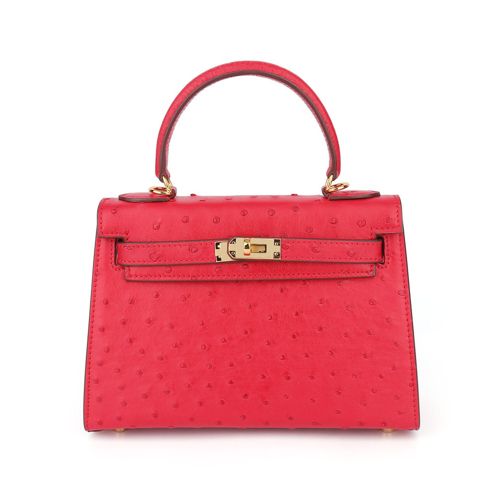 Ostrich Leather Kelly Bag 2025 New Summer Style Hand Stitched Wax Thread Small Purse Casual