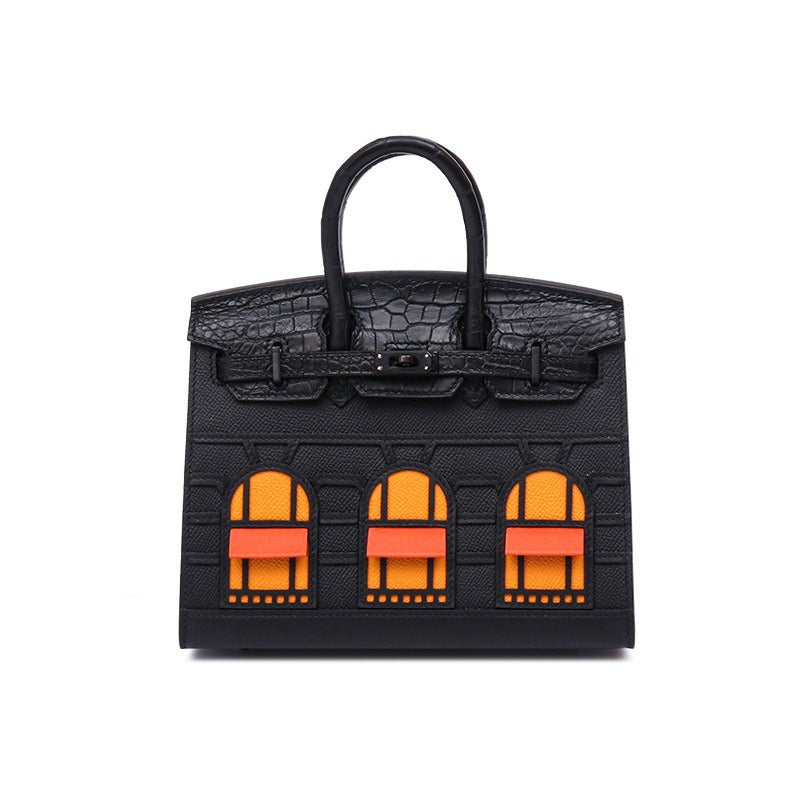 2025 New Color Block House Shape Kelly Bag Crocodile Leather Shoulder Crossbody