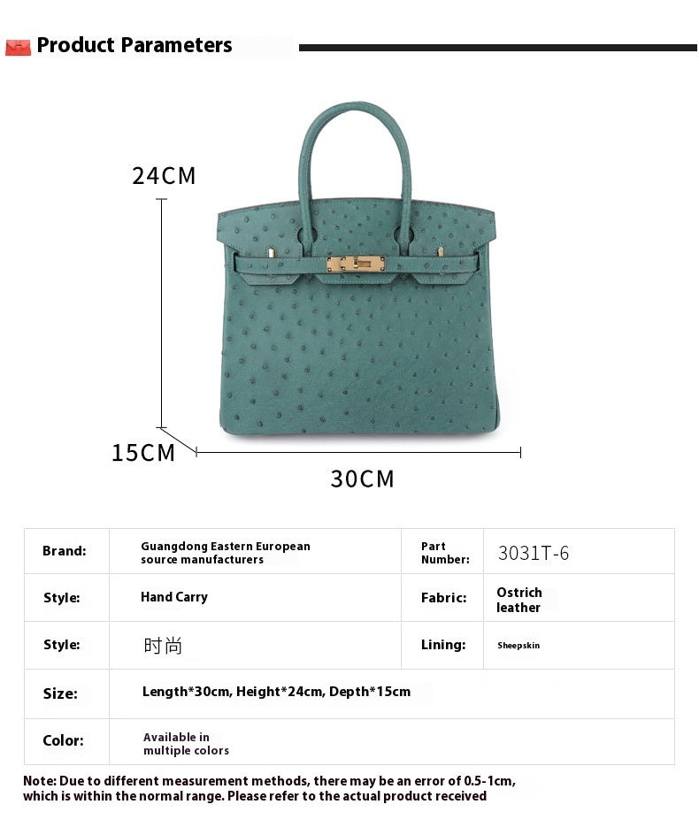 2025 New A Grade Ostrich Leather Platinum Handbag Stitched Wax Thread Women Bag