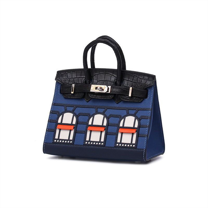 2025 New Color Block House Shape Kelly Bag Crocodile Leather Shoulder Crossbody
