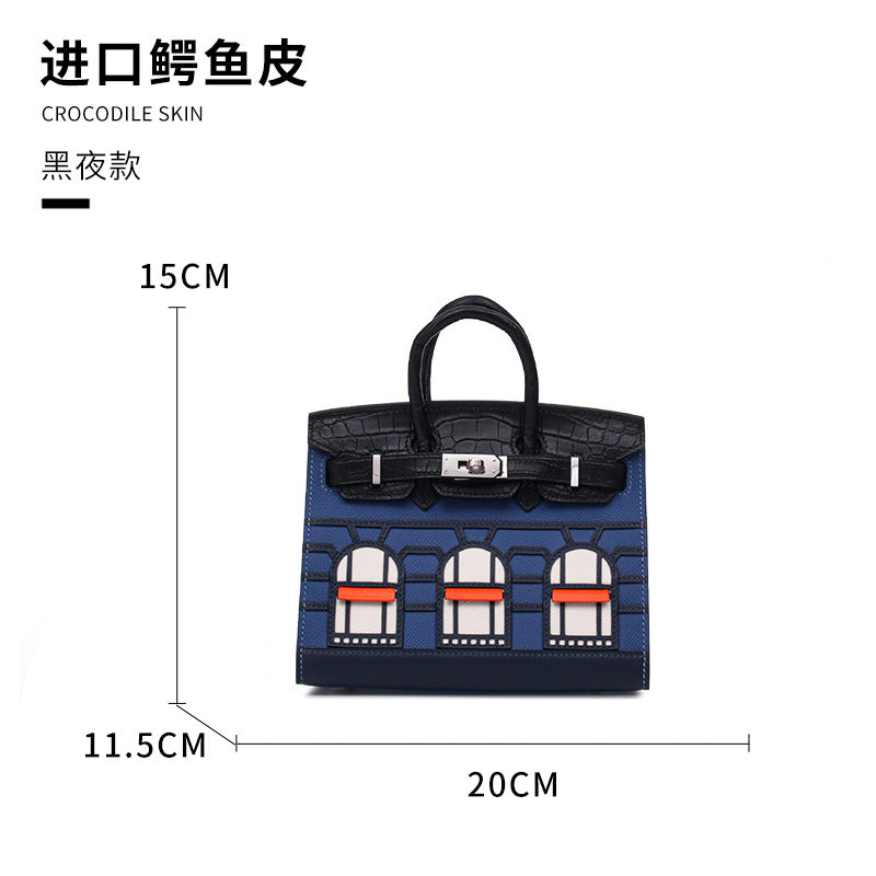 2025 New Color Block House Shape Kelly Bag Crocodile Leather Shoulder Crossbody