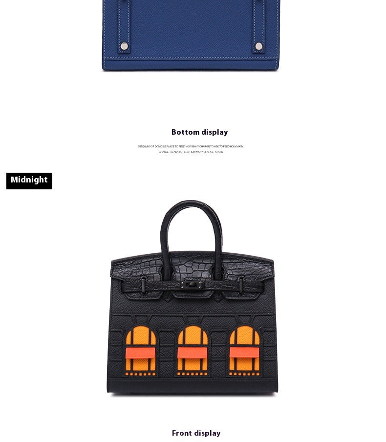 2025 New Color Block House Shape Kelly Bag Crocodile Leather Shoulder Crossbody