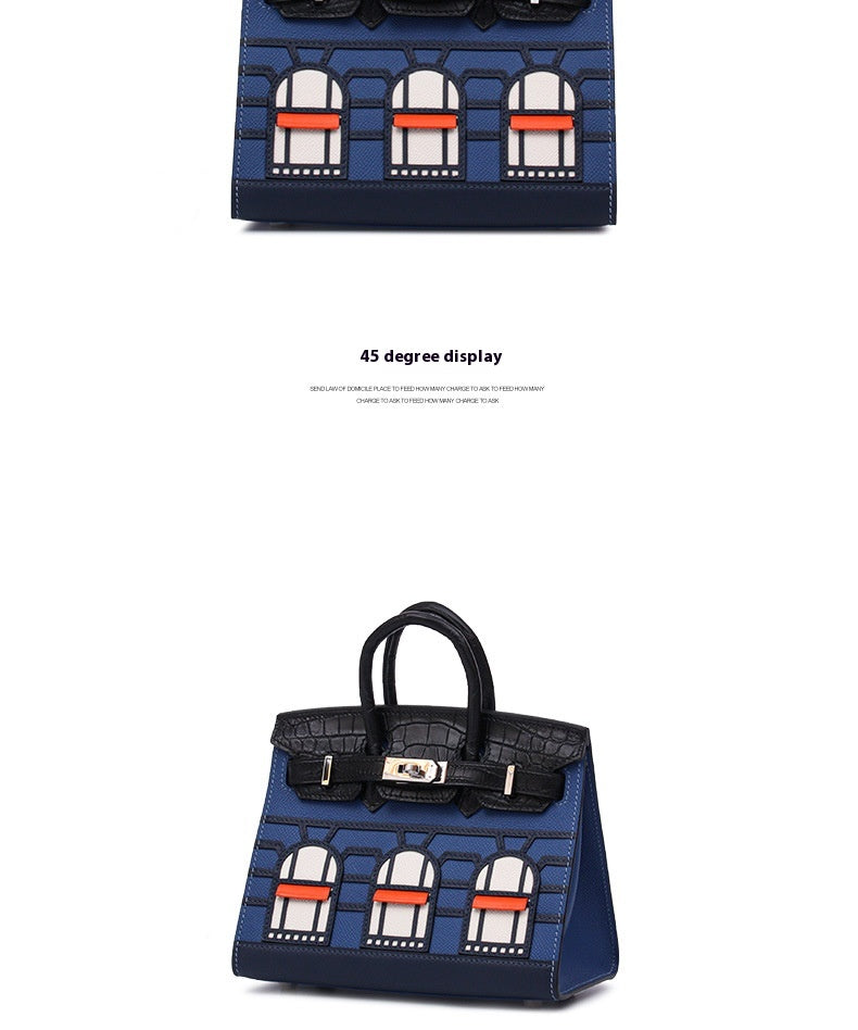 2025 New Color Block House Shape Kelly Bag Crocodile Leather Shoulder Crossbody