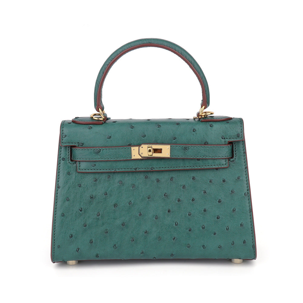 Ostrich Leather Kelly Bag 2025 New Summer Style Hand Stitched Wax Thread Small Purse Casual