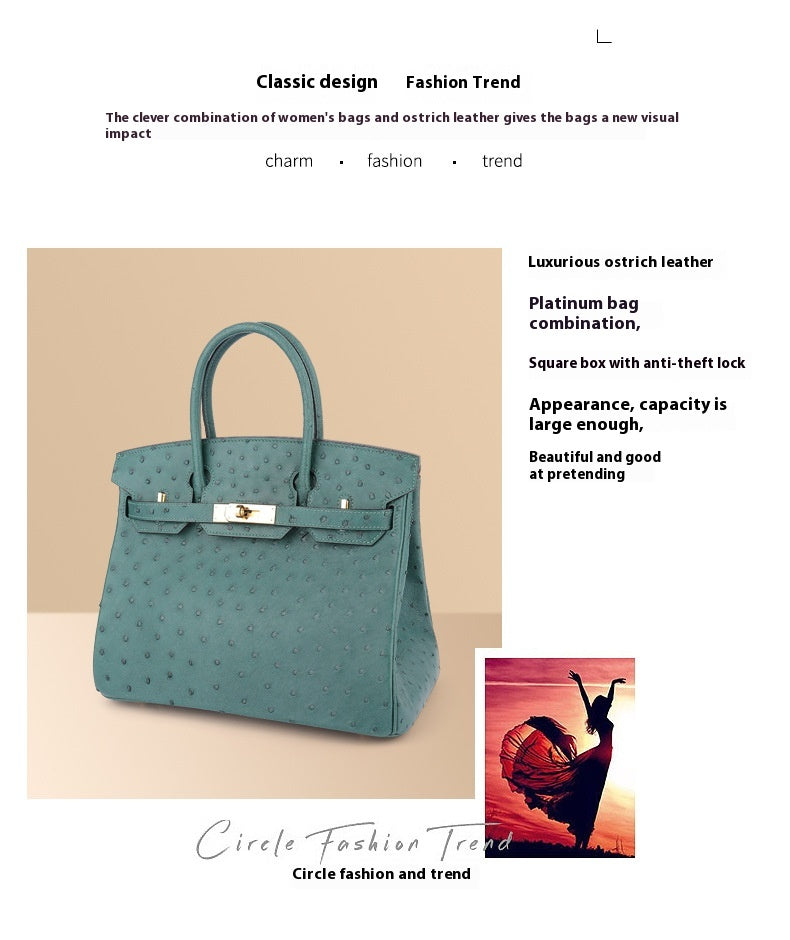 2025 New A Grade Ostrich Leather Platinum Handbag Stitched Wax Thread Women Bag