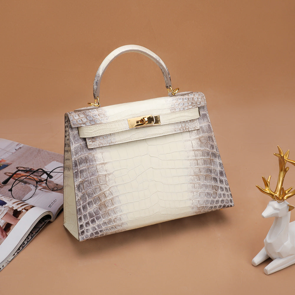Trendy Crocodile Skin Kelly II Himalayan White Shoulder Bag