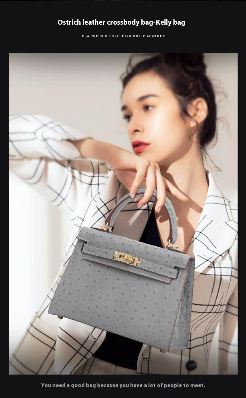 Ostrich Leather Kelly Bag 2025 New Summer Style Hand Stitched Wax Thread Small Purse Casual