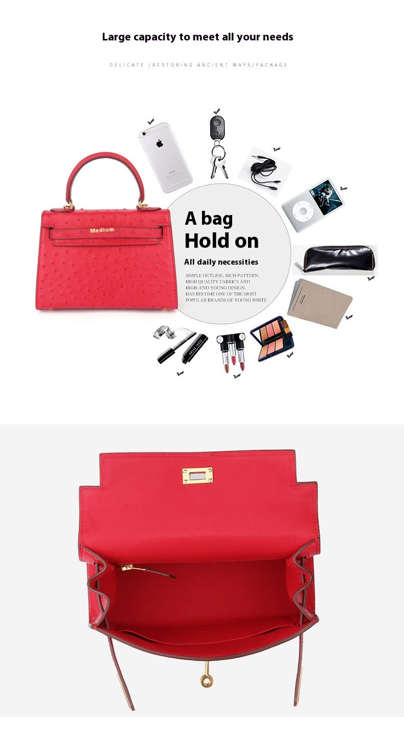 Ostrich Leather Kelly Bag 2025 New Summer Style Hand Stitched Wax Thread Small Purse Casual