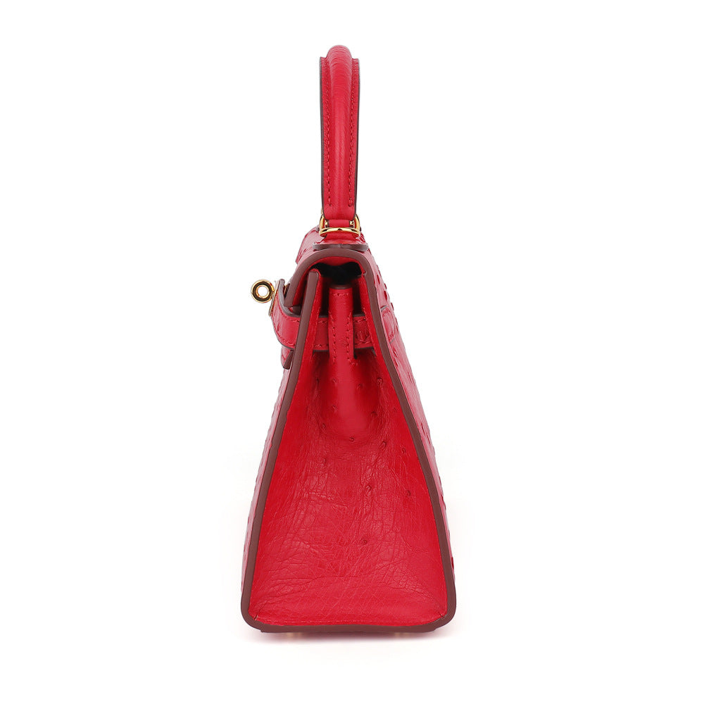 Ostrich Leather Kelly Bag 2025 New Summer Style Hand Stitched Wax Thread Small Purse Casual