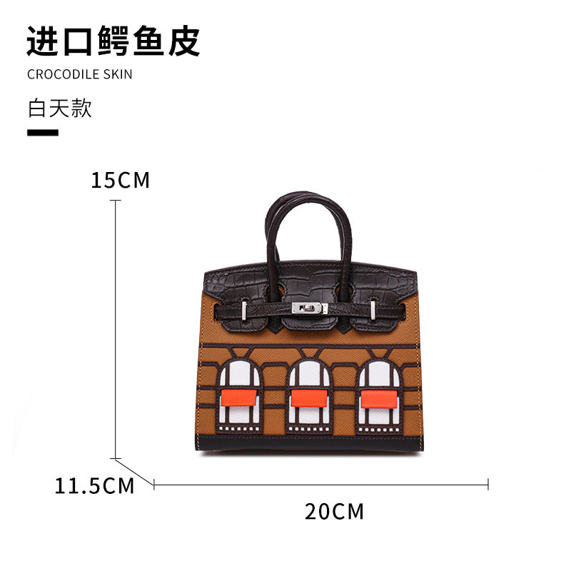2025 New Color Block House Shape Kelly Bag Crocodile Leather Shoulder Crossbody