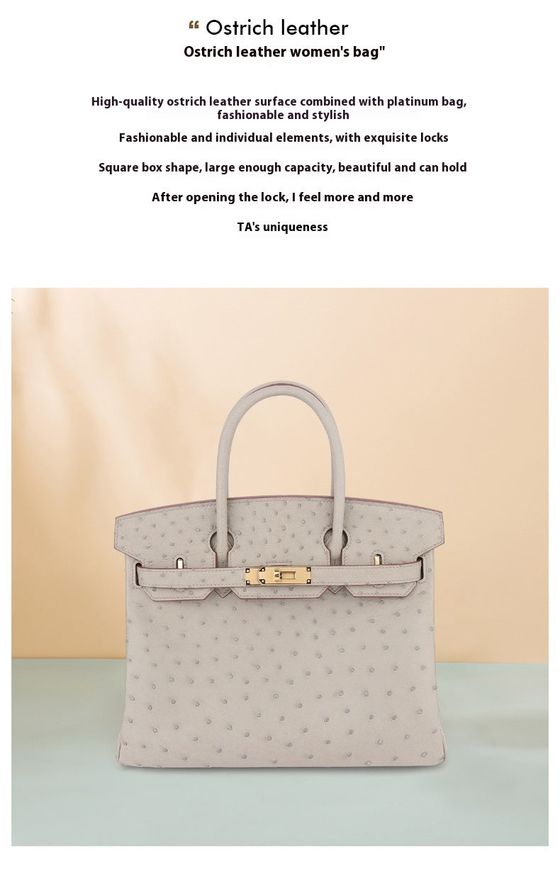 2025 New A Grade Ostrich Leather Platinum Handbag Stitched Wax Thread Women Bag