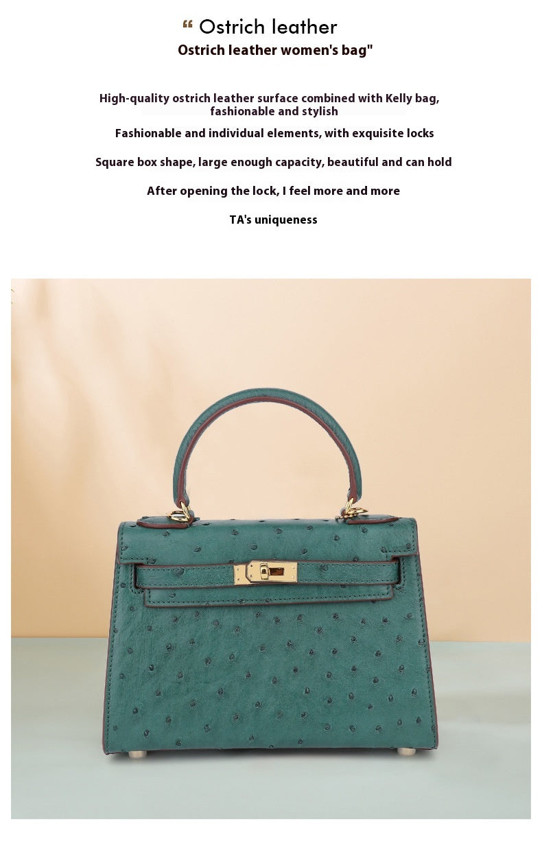 Ostrich Leather Kelly Bag 2025 New Summer Style Hand Stitched Wax Thread Small Purse Casual