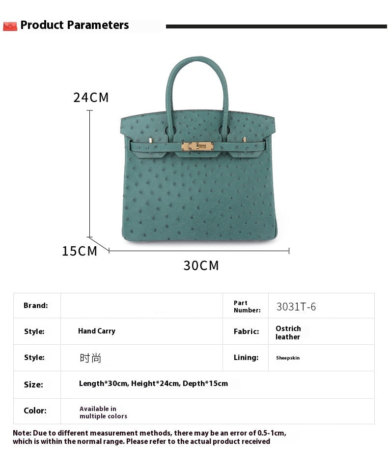 2025 New A Grade Ostrich Leather Platinum Handbag Stitched Wax Thread Women Bag