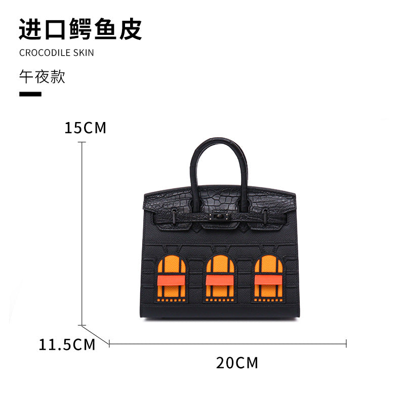 2025 New Color Block House Shape Kelly Bag Crocodile Leather Shoulder Crossbody
