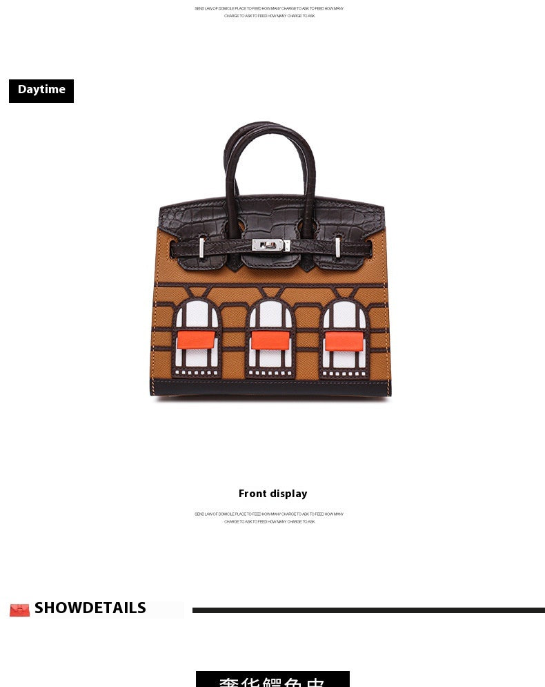 2025 New Color Block House Shape Kelly Bag Crocodile Leather Shoulder Crossbody