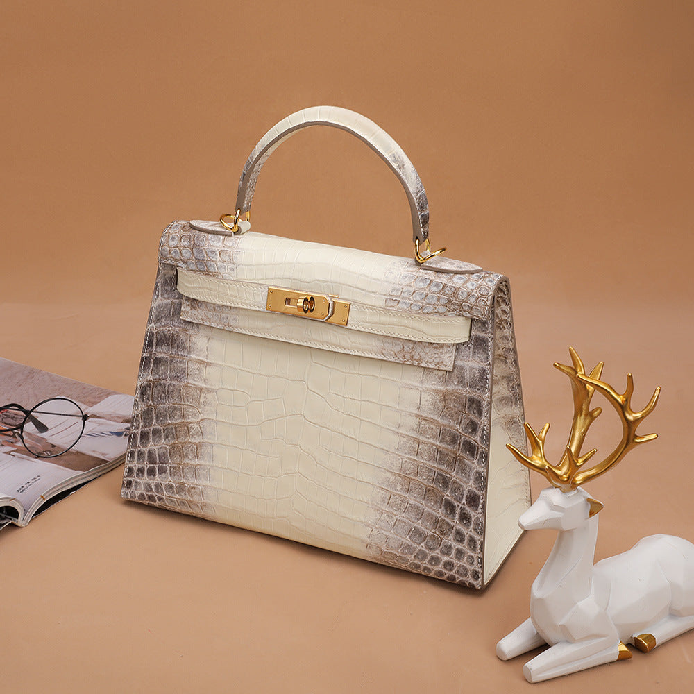 Trendy Crocodile Skin Kelly II Himalayan White Shoulder Bag