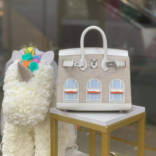 2025 New Color Block House Shape Kelly Bag Crocodile Leather Shoulder Crossbody