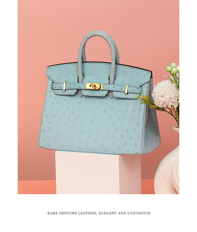 South African Ostrich Leather Platinum Handbag 2025 Trendy Lady Tote